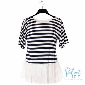 Doe & Rae Navy & White Striped Ruffle Hem Top | Size S